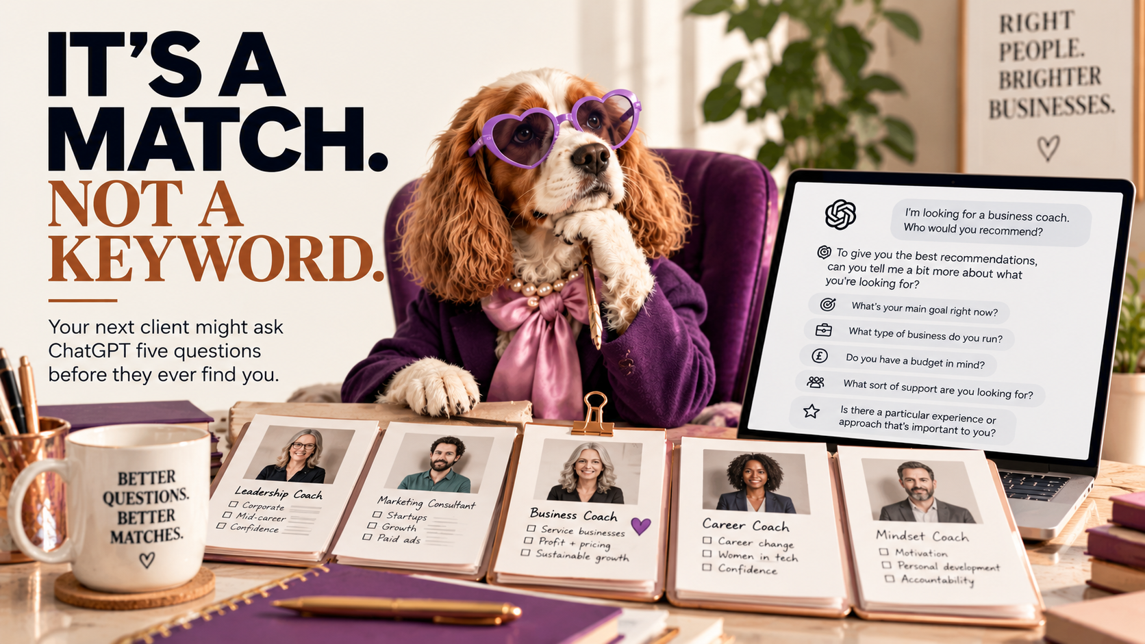 A glamorous spaniel acting as a matchmaker, reviewing business coach profiles while ChatGPT asks questions to find the right expert.
