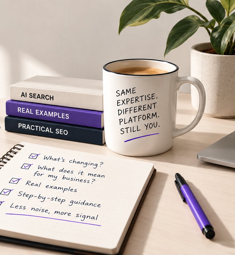 A desk with a notebook checklist, a stack of books, a mug of coffee and a purple pen